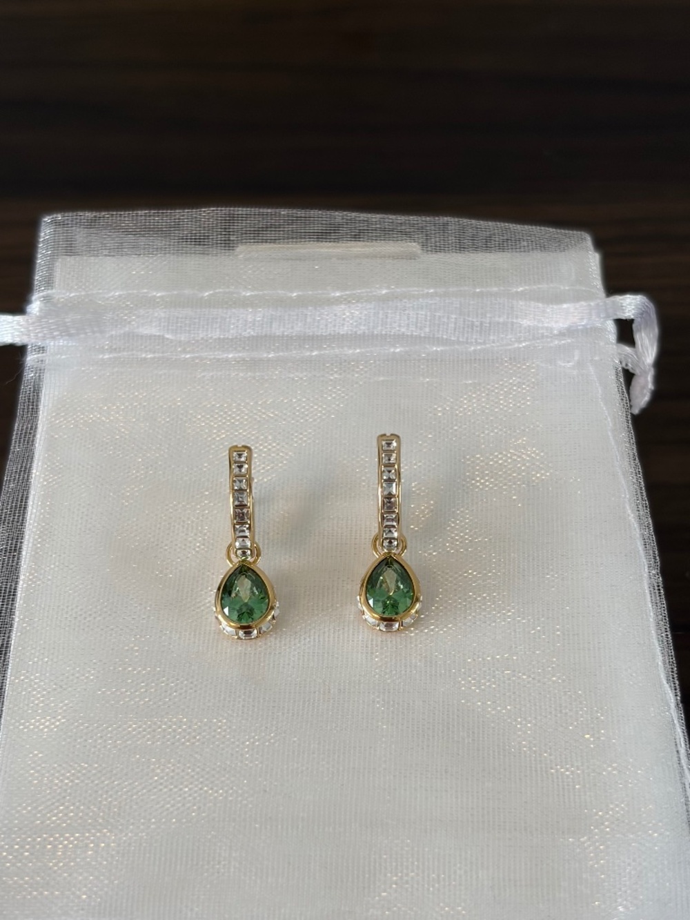 Swarovski Chroma Pear Drop Earrings Green Crystal Gold Tone